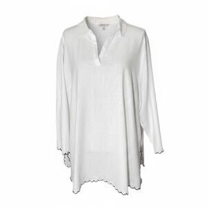 NWT Sigrid Olsen Linen Blend Scallop Hem Split Neck Popover Tunic 3X Coastal